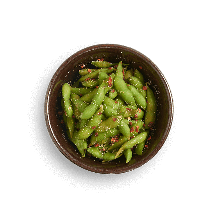 edamame with chilli + garlic salt